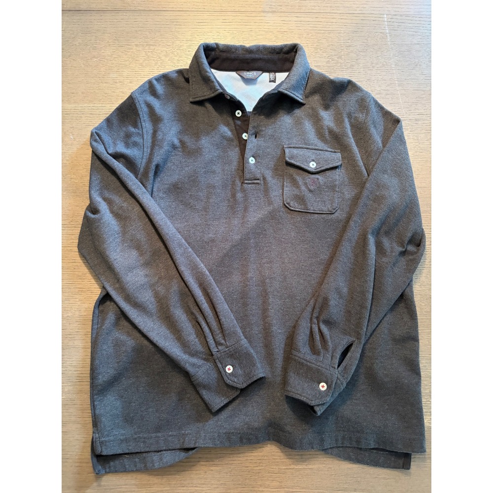 LINCS DC & Co Mens Large Long Sleeve Polo Shirt Gray Heathered Pocket Crest L/G